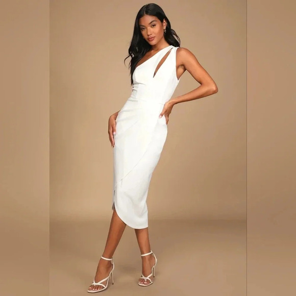 Lulu's So Flirty White One-Shoulder Cutout Asymmetrical Midi Dress S Wedding - Picture 2 of 10